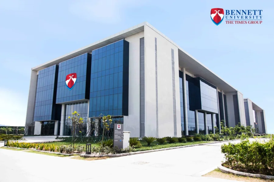 Glass-fronted academic building at Bennett University in Greater Noida